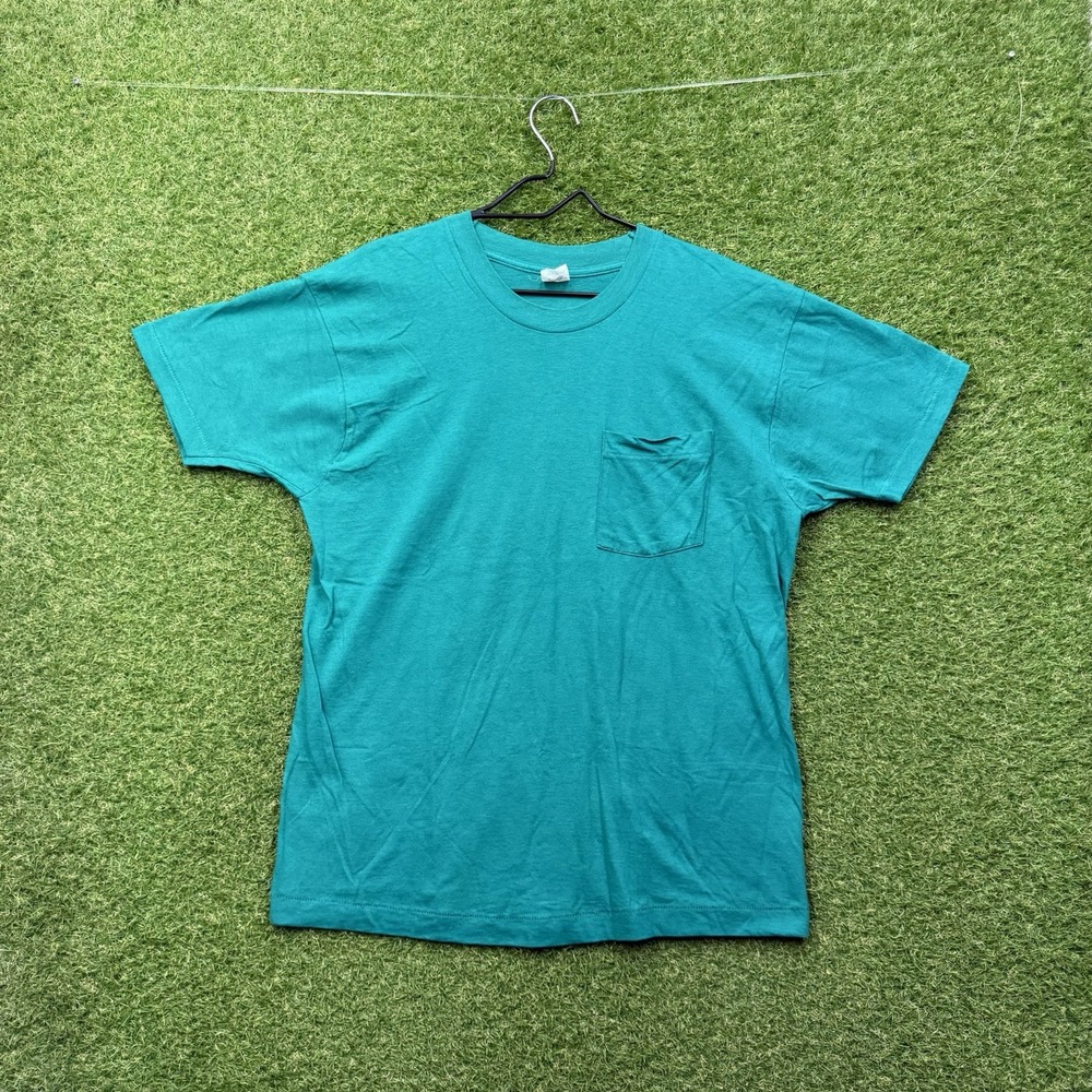 Vintage 80s Pocket Tee Shirt USA Made Mens XL Selvedge Retro Blank Teal Blue